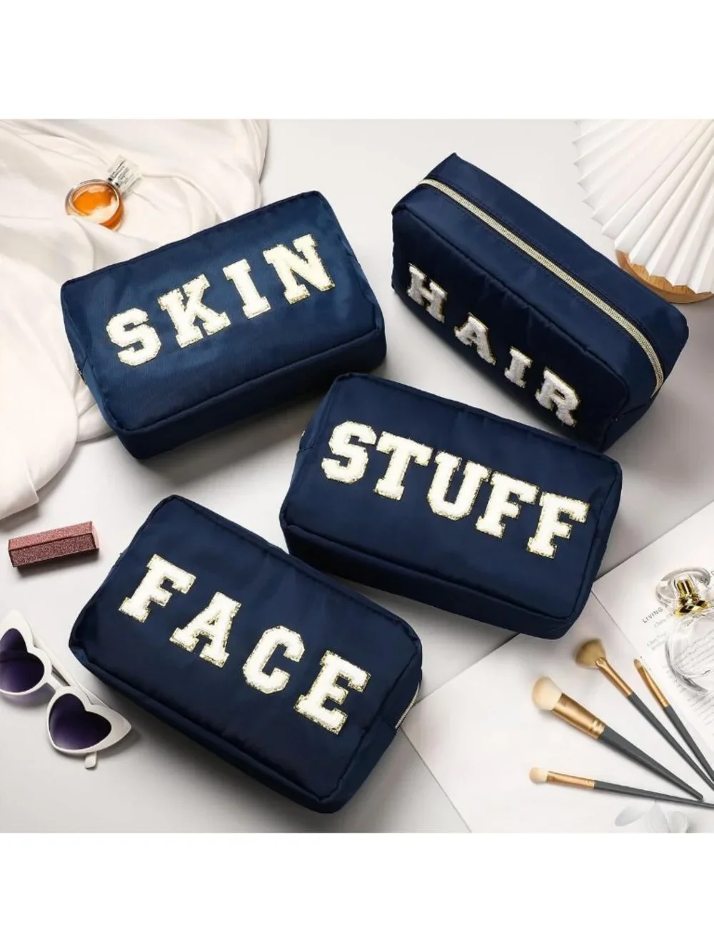 Chic Chenille Makeup Bags Set - Nylon Cosmetic Pouches with Zipper for Travel